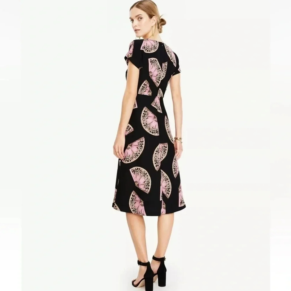 Ann Taylor | Black Pink Dancing Fan V Neck Fit And Flare Midi Dress Size 0 - Picture 4 of 6